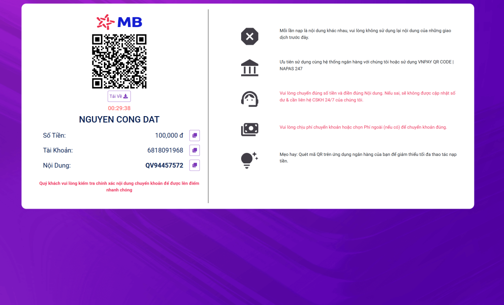 thông qua QR Pay thời gian cập nhật sẽ được hiển thị trong vòng 10 phút