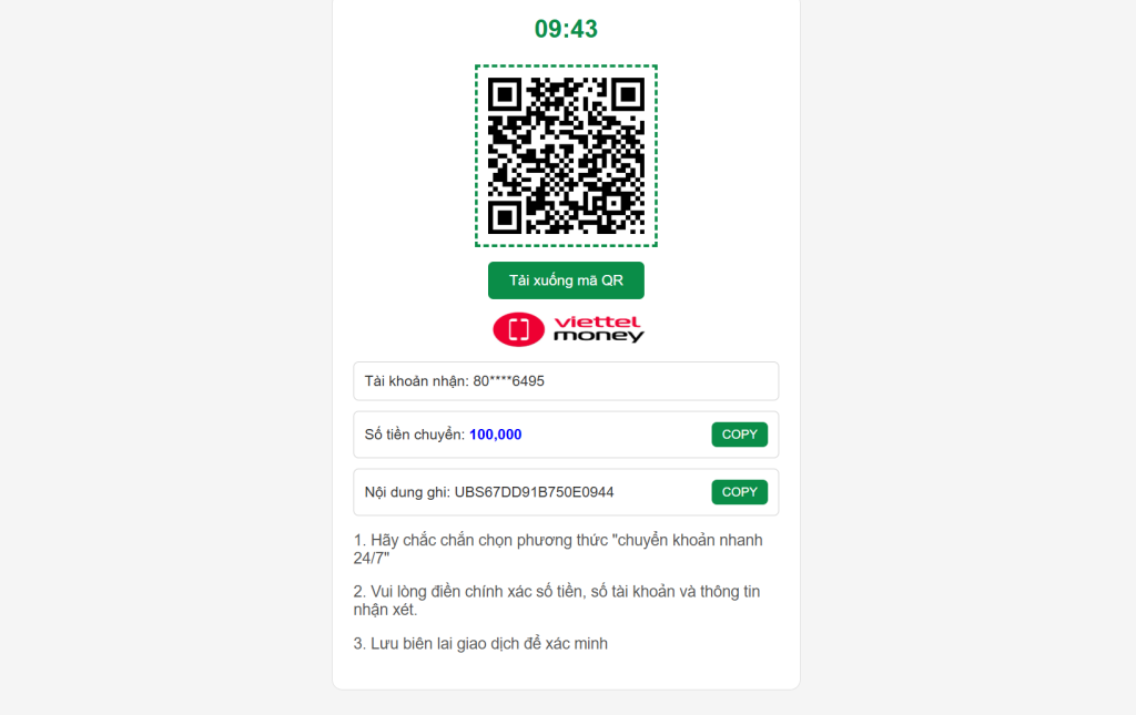 Khi nạp tiền thông qua Viettel Pay thời gian cập nhật sẽ được hiển thị trong vòng 10 phút