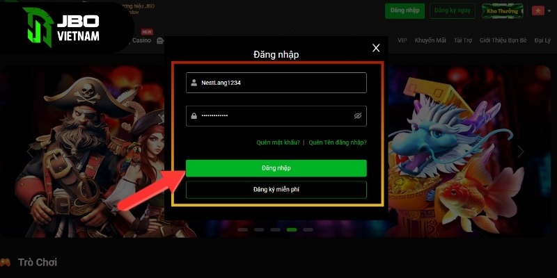 Nhập tên đăng nhập và mật khẩu đã đăng ký để truy cập tài khoản JBO