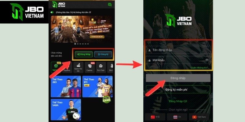 Mở ứng dụng JBO trên điện thoại và chọn “Đăng Nhập” để sử dụng tài khoản