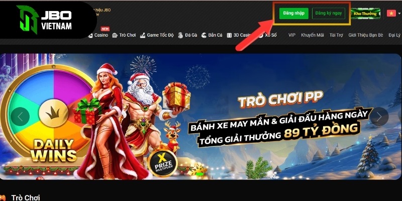 Nhấn nút “Đăng Nhập” trên giao diện trang chủ JBO