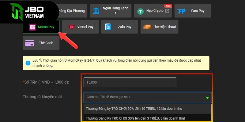 Nạp tiền vào tài khoản qua Momo Pay