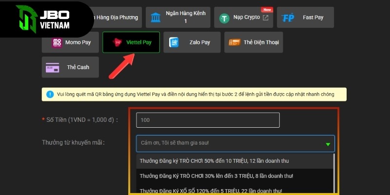 Gửi tiền vào JBO bằng Viettel Pay