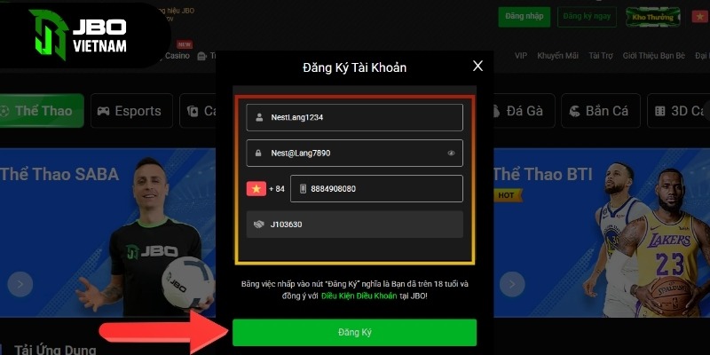 Điền đầy đủ tên đăng nhập, mật khẩu và số điện thoại
