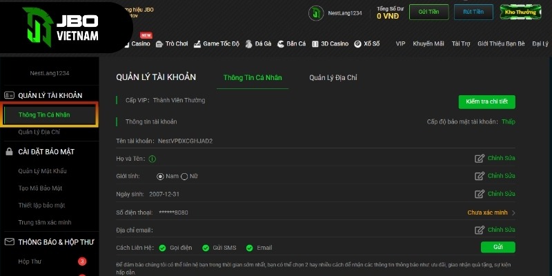 Cập nhật đầy đủ họ tên, ngày sinh, email và phương thức liên hệ để hoàn thiện hồ sơ tài khoản JBO