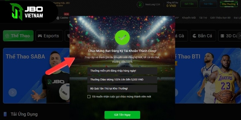 Hệ thống thông báo đăng ký tài khoản JBO thành công