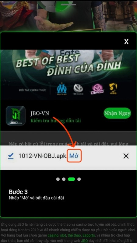 Nhấn “Mở” để bắt đầu cài đặt ứng dụng JBO trên điện thoại