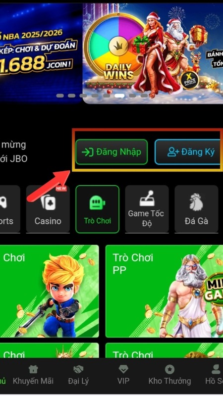 Mở ứng dụng JBO và chọn Đăng Nhập hoặc Đăng Ký để bắt đầu