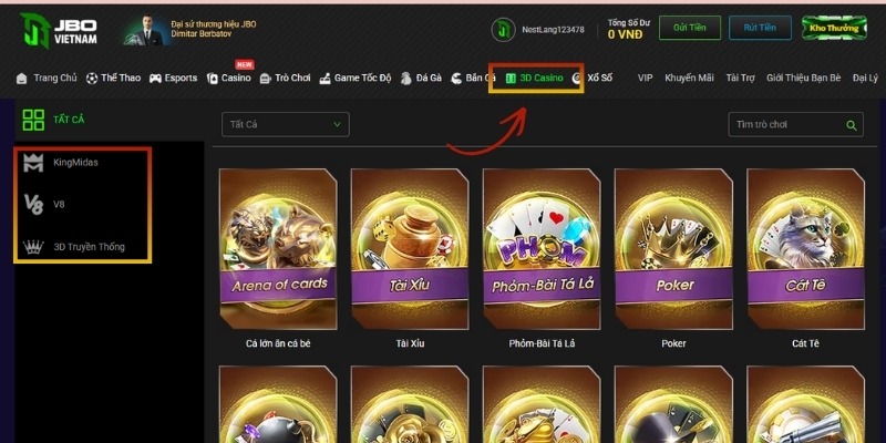 Chọn sảnh game và bắt đầu đặt cược